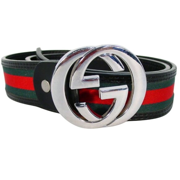 GUCCI Iconic $450 Green + Red Stripe Web Leather Belt Men's 44/110 (36"-40") M/L - Picture 1 of 8